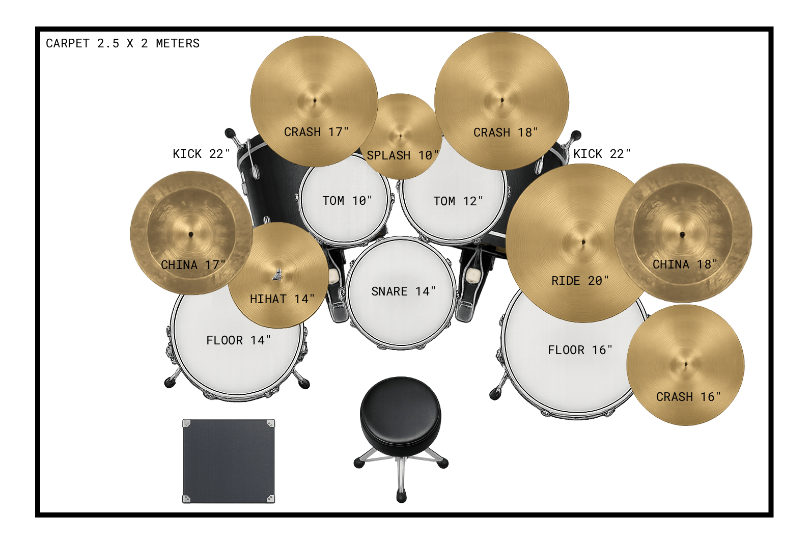 Top-down stage plot of Giacomo Torti's drum kit layout