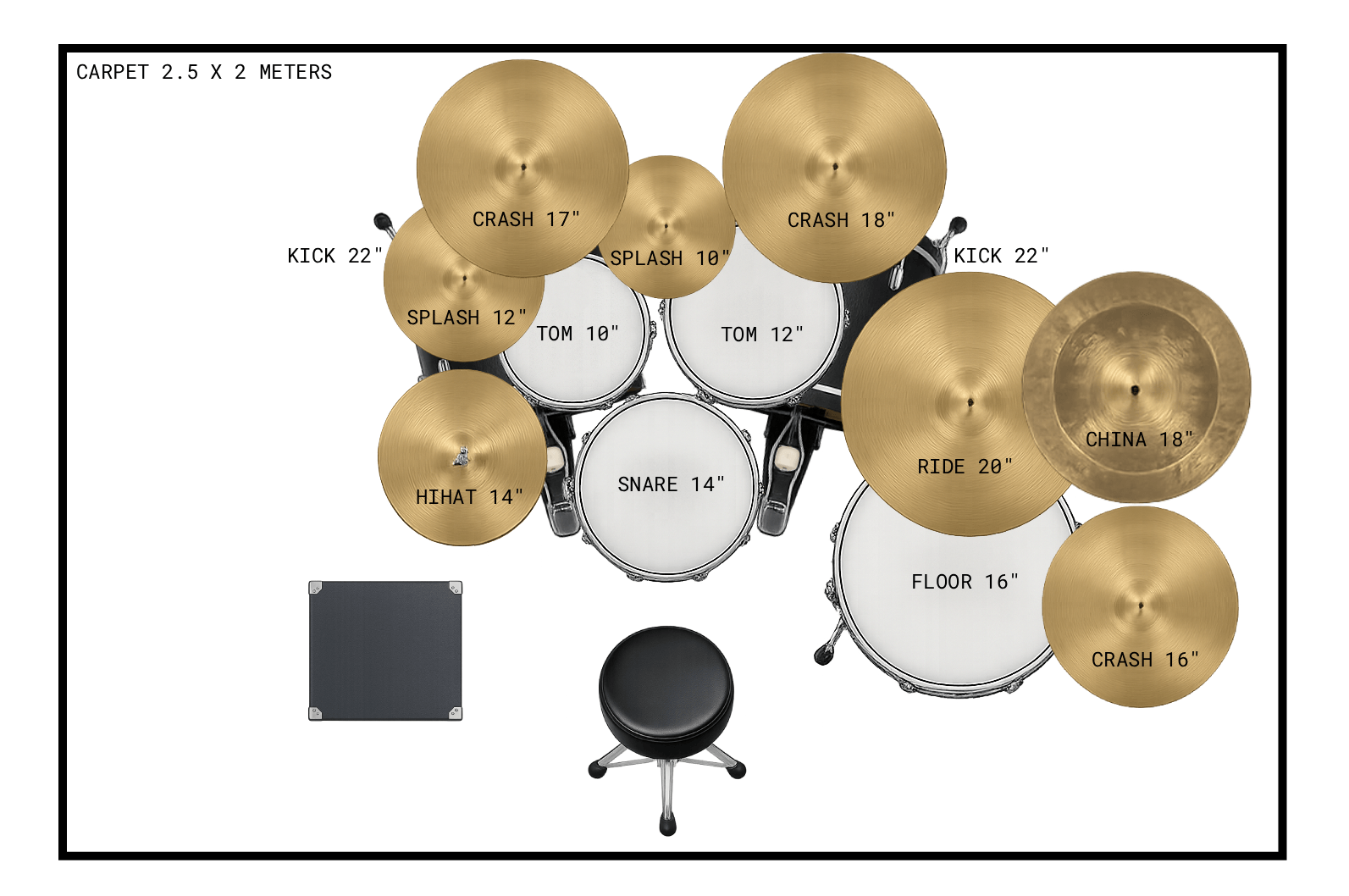 Top-down stage plot of Giacomo Torti's drum kit layout